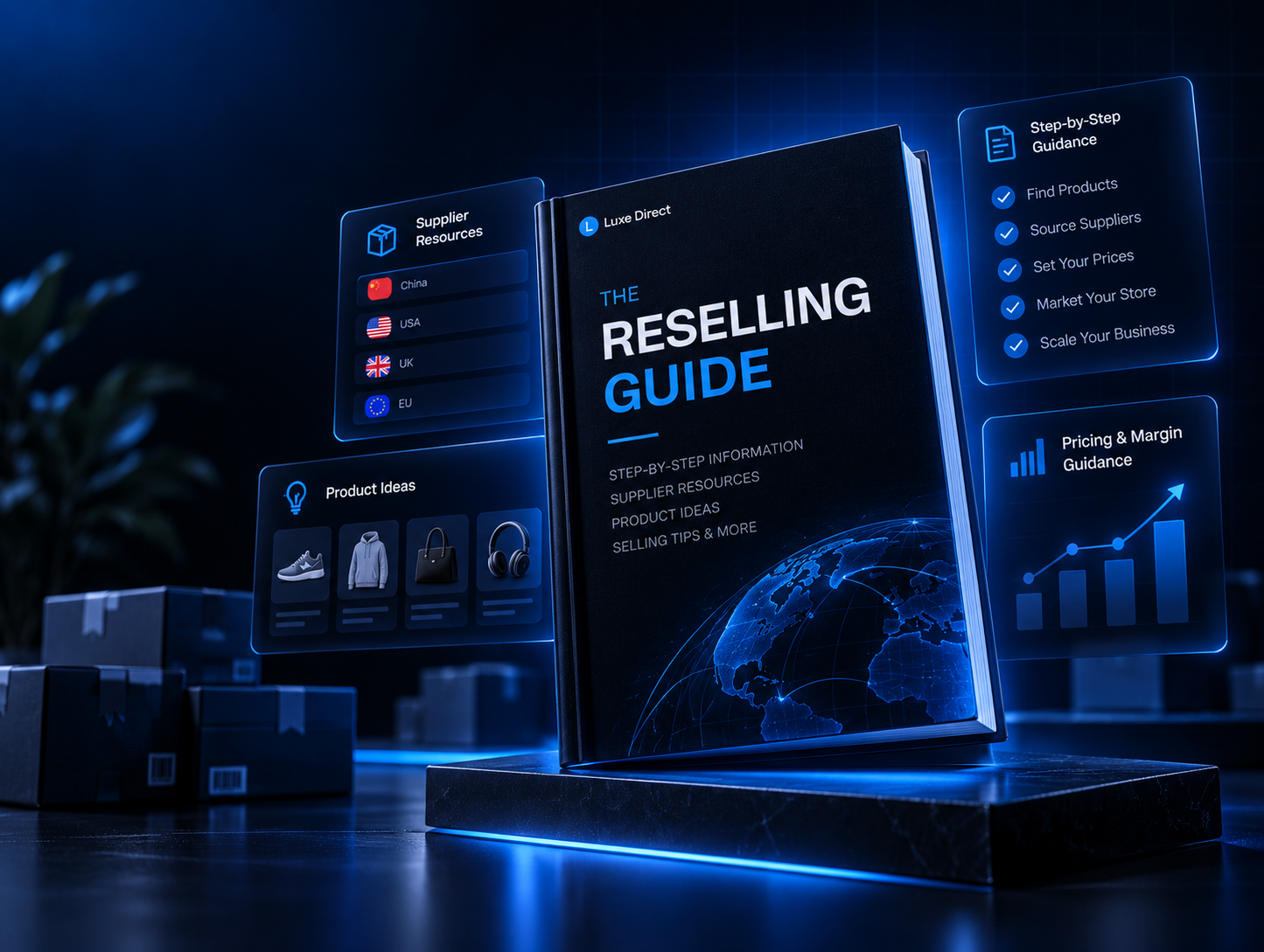 The Reselling Guide cover with floating cards showing supplier resources, product ideas, step-by-step guidance and pricing help