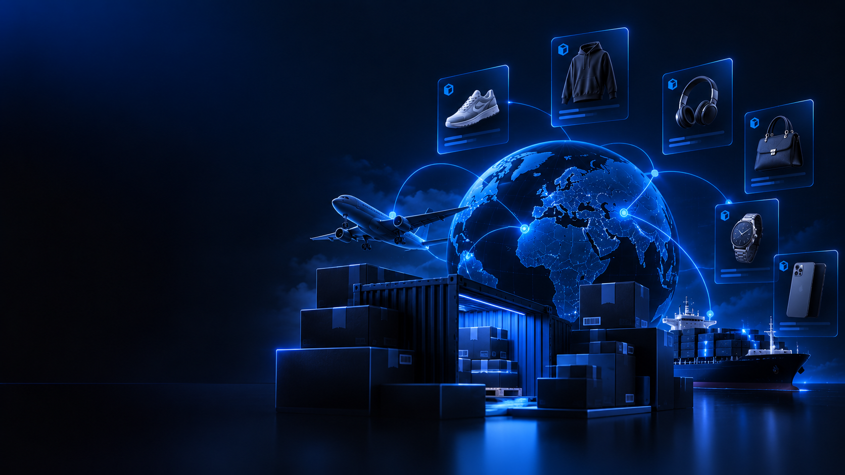 Global supplier network with shipping containers, flights and popular product categories