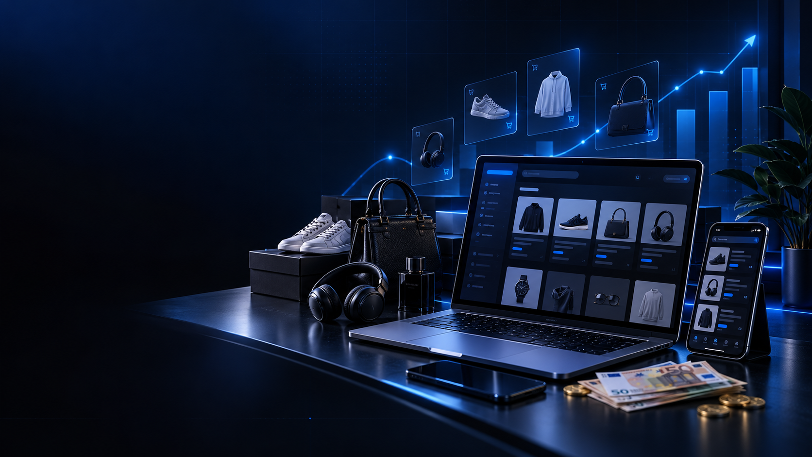 A digital reselling workspace with products, laptop and phone
